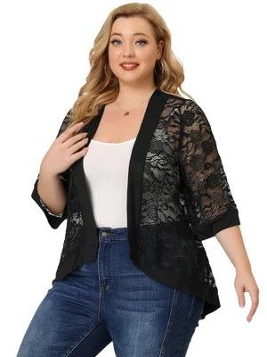 Agnes Orinda Women's Plus Size Elegant Open Front 3/4 Sleeve Lace Lightweight Tunic Cardigans 3 Agnes Orinda Women's Plus Size Elegant Open Front 3/4 Sleeve Lace Lightweight Tunic Cardigans - Image 3