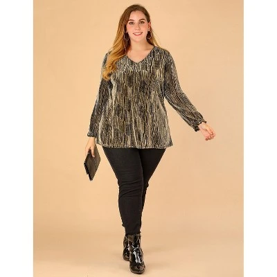 Agnes Orinda Women's Plus Size Glitter Sparkle V Neck Metallic Party Sequin Blouse 2 Agnes Orinda Women's Plus Size Glitter Sparkle V Neck Metallic Party Sequin Blouse - Image 2