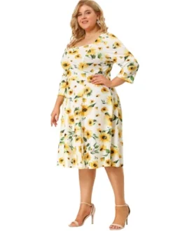 Agnes Orinda Women's Plus Size 3/4 Sleeve Sweetheart Neck Floral Midi Dress -Agnes Sales Store GUEST b7989ce3 0f50 4979 b739 ffffcf1770e0