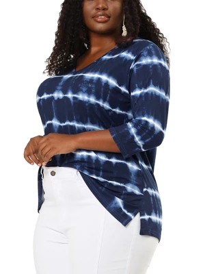 Agnes Orinda Women's Plus Size Tie Dye Side Slit 3/4 Sleeve Stripe V Neck Blouses 1 Agnes Orinda Women's Plus Size Tie Dye Side Slit 3/4 Sleeve Stripe V Neck Blouses
