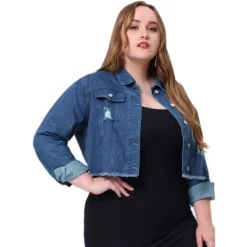 Agnes Orinda Women's Plus Size Washed Ripped Distressed Cropped Frayed Denim Jacket -Agnes Sales Store GUEST badb4559 a6bc 40a8 a868 09c3c9affd4f