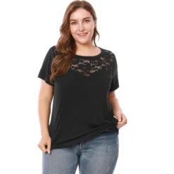 Agnes Orinda Women's Plus Size Lace Insert Short Sleeves Round Neck T-shirts
