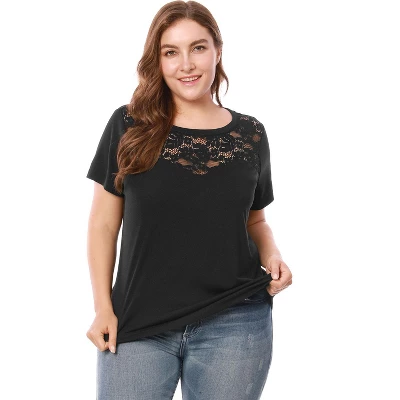 Agnes Orinda Women's Plus Size Lace Insert Short Sleeves Round Neck T-shirts 1 Agnes Orinda Women's Plus Size Lace Insert Short Sleeves Round Neck T-shirts