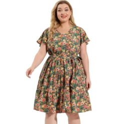 Agnes Orinda Women's Plus Size V Neck Floral Empire Waist Dresses -Agnes Sales Store GUEST bbb0953d f15a 4d93 89d3 0835704f7d29
