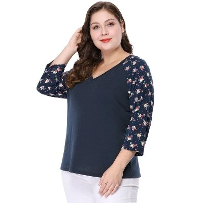 Agnes Orinda Women's Plus Size V Neck 3/4 Sleeve Raglan Floral Print Peasant Tops 2 Agnes Orinda Women's Plus Size V Neck 3/4 Sleeve Raglan Floral Print Peasant Tops - Image 2