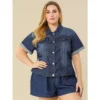 Agnes Orinda Women's Plus Size Denim Button Front Crop Short Sleeve Trucker Jean Jackets