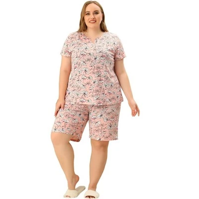 Agnes Orinda Womens Plus Size Loungewear Floral Elastic Waist Short Sleeve Pajamas Set 2 Agnes Orinda Womens Plus Size Loungewear Floral Elastic Waist Short Sleeve Pajamas Set - Image 2