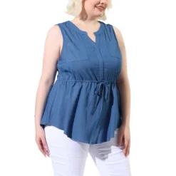 Agnes Orinda Women's Plus Size Shirts Denim V Neck Drawstring Waist Sleeveless Chambray Tops