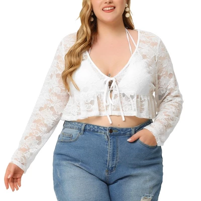 Agnes Orinda Women's Plus Size Shrug Tie Neck Bolero Crop Lace Sheer Ruffle Hem Cardigan 6 Agnes Orinda Women's Plus Size Shrug Tie Neck Bolero Crop Lace Sheer Ruffle Hem Cardigan - Image 6