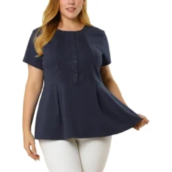 Agnes Orinda Women's Plus Size Pintuck Half Placket Button Front Peplum Blouses