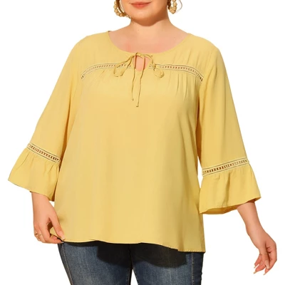 Agnes Orinda Women's Plus Size Holiday 3/4 Flare Sleeve Peasant Keyhole Tie Boho Blouse 5 Agnes Orinda Women's Plus Size Holiday 3/4 Flare Sleeve Peasant Keyhole Tie Boho Blouse - Image 5
