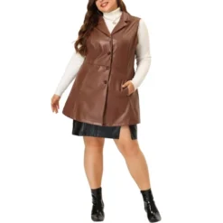 Agnes Orinda Women's Plus Size Fashion Outfits Sleeveless Lapel PU Jacket Vests