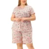 Agnes Orinda Womens Plus Size Loungewear Floral Elastic Waist Short Sleeve Pajamas Set