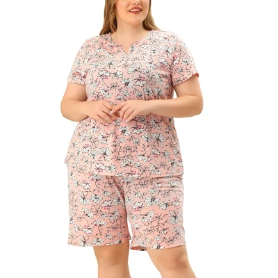 Agnes Orinda Womens Plus Size Loungewear Floral Elastic Waist Short Sleeve Pajamas Set 1 Agnes Orinda Womens Plus Size Loungewear Floral Elastic Waist Short Sleeve Pajamas Set