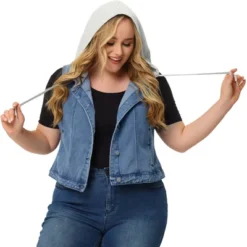 Agnes Orinda Women's Plus Size Button Down Drawstring Hood Denim Utility Jacket With Pocket
