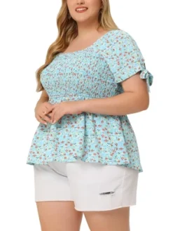 Agnes Orinda Women's Plus Size Floral Square Neck Smocked Bow Tie Short Sleeve Peplum Blouse