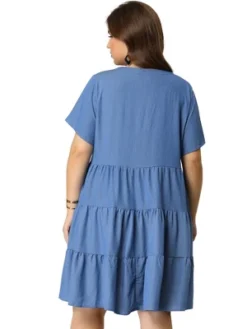 Agnes Orinda Women's Plus Size Babydoll Tiered V Neck Short Sleeve Chambray Dresses -Agnes Sales Store GUEST bedc773f 97d9 4ec5 931b 94cd30572a72