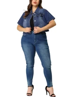 Agnes Orinda Women Plus Size Denim Jacket Crop Fray Roll Short Sleeves Jean Jackets