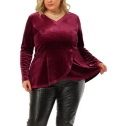 Agnes Orinda Women's Plus Size V Neck Tulip Hem Long Sleeve Peplum Velvet Tops -Agnes Sales Store GUEST bf8df9da dbcc 4e03 81d5 32737f401c33