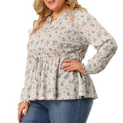 Agnes Orinda Women's Plus Size Floral Ruffle Neck Drawstring Waist Long Sleeve Peplum Tops 6 Agnes Orinda Women's Plus Size Floral Ruffle Neck Drawstring Waist Long Sleeve Peplum Tops - Image 6