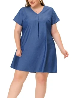 Agnes Orinda Women's Plus Size Solid Pleat V Neck Chambray Dress -Agnes Sales Store GUEST c07128b3 648b 4788 a2ba 73cf9090526d