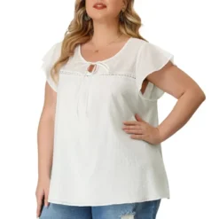 Agnes Orinda Women's Plus Size Blouses Casual Tie Neck Lace Insert Summer Ruffle Sleeve Tops -Agnes Sales Store GUEST c0abb3d5 de56 46b0 a37d a05e51e9a107