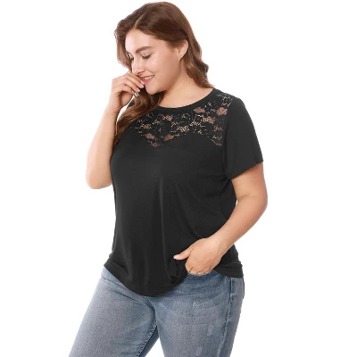 Agnes Orinda Women's Plus Size Lace Insert Short Sleeves Round Neck T-shirts 6 Agnes Orinda Women's Plus Size Lace Insert Short Sleeves Round Neck T-shirts - Image 6