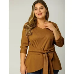 Agnes Orinda Women's Plus Size Workwear Fashion Belted Knot Tie Knit Blouses -Agnes Sales Store GUEST c2811479 a03f 4193 aba3 34e2ca536ba7