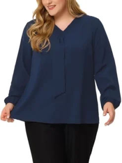 Agnes Orinda Women's Plus Size Office Fashion Long Sleeves Ribbon Front Chiffon Top -Agnes Sales Store GUEST c33e5211 6f25 4d4c 94c3 d175a26a0fd3