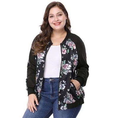 Agnes Orinda Women's Plus Size Zipper Raglan Sleeves Floral Bomber Jacket 2 Agnes Orinda Women's Plus Size Zipper Raglan Sleeves Floral Bomber Jacket - Image 2