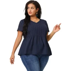 Agnes Orinda Women's Plus Size Contrast Panel V Neck Elastic Back Short Sleeve Blouses -Agnes Sales Store GUEST c381388f 9f87 4e2c 9019 bd0e8044ee54