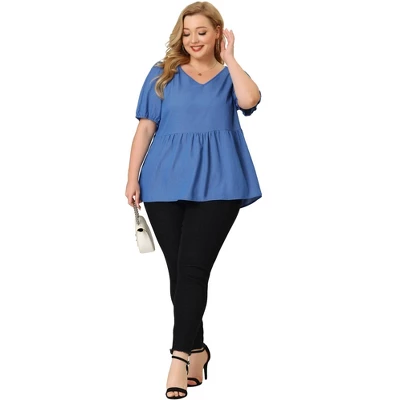 Agnes Orinda Women's Plus Size Blouse Short Sleeve V Neck Chambray Peplum Top 2 Agnes Orinda Women's Plus Size Blouse Short Sleeve V Neck Chambray Peplum Top - Image 2