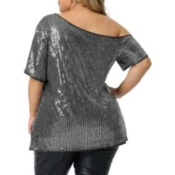 Agnes Orinda Women's Plus Size Sequin Sparkly One Shoulder Short Sleeve Party Blouses -Agnes Sales Store GUEST c4370e03 5ddc 4fc0 9893 9edf3f7993d3