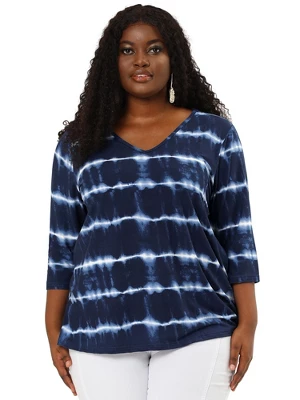 Agnes Orinda Women's Plus Size Tie Dye Side Slit 3/4 Sleeve Stripe V Neck Blouses 2 Agnes Orinda Women's Plus Size Tie Dye Side Slit 3/4 Sleeve Stripe V Neck Blouses - Image 2