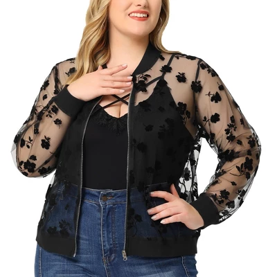 Agnes Orinda Women's Plus Size Bomber Mesh Sheer Floral Lace Long Sleeve Jackets 6 Agnes Orinda Women's Plus Size Bomber Mesh Sheer Floral Lace Long Sleeve Jackets - Image 6