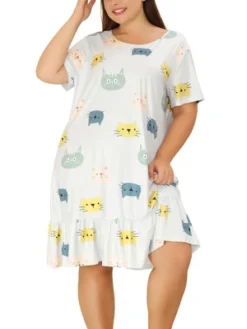 Agnes Orinda Women's Plus Size Short Sleeve Soft Comfy Lovely Cat Sleep Dress