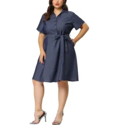 Agnes Orinda Women's Plus Size Buttons Belted Short Sleeves Chambray Shirtdress -Agnes Sales Store GUEST c52dc671 8ffe 4c92 b3fd f89a11e82781