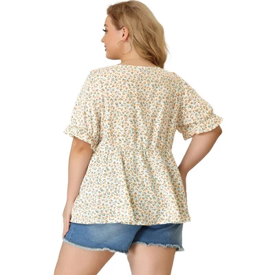 Agnes Orinda Women's Plus Size Floral Babydoll Peplum Waist Short Sleeve Blouses 4 Agnes Orinda Women's Plus Size Floral Babydoll Peplum Waist Short Sleeve Blouses - Image 4