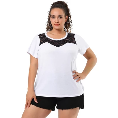 Agnes Orinda Women's Plus Size Lace Insert Short Sleeves Round Neck T-shirts 7 Agnes Orinda Women's Plus Size Lace Insert Short Sleeves Round Neck T-shirts - Image 7