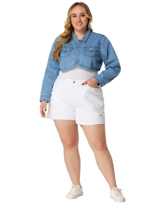 Agnes Orinda Women's Plus Size Classic Denim Long Sleeve Washed Jean Cropped Jacket 2 Agnes Orinda Women's Plus Size Classic Denim Long Sleeve Washed Jean Cropped Jacket - Image 2