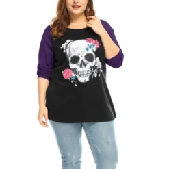 Agnes Orinda Women's Plus Size Floral Skull Contrast Color Raglan T-shirt -Agnes Sales Store GUEST c5f92564 f0e3 442d 9a8f 804e2300b852