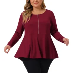 Agnes Orinda Women's Plus Size Peplum Half Zip Up Low Cut Short Sleeve Ruffle Blouse