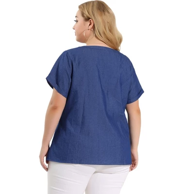 Agnes Orinda Women's Plus Size Blouse Work Short Sleeve V Neck Chambray Casual Tops 4 Agnes Orinda Women's Plus Size Blouse Work Short Sleeve V Neck Chambray Casual Tops - Image 4