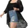 Agnes Orinda Women's Plus Size Lace Sheer High Low 3/4 Sleeve Open Front Cardigan