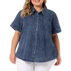 Agnes Orinda Women's Plus Size Jean Denim Short Sleeve Chest Pocket Button Down Shirt -Agnes Sales Store GUEST c6d38288 bc44 41f1 a32f b5ee276c175c