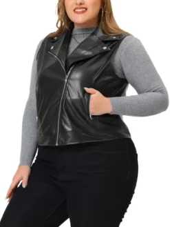 Agnes Orinda Women's Plus Size Leather Motorcycle Zip-Up Riding Biker Crop Vest Jacket