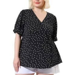 Agnes Orinda Women's Plus Size Polka Dots V Neck Short Sleeve Wrap Peplum Blouse
