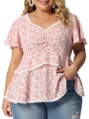 Agnes Orinda Women's Plus Size Tiered Floral Babydoll Sweetheart Neck Ruffle Short Sleeve Blouses 7 Agnes Orinda Women's Plus Size Tiered Floral Babydoll Sweetheart Neck Ruffle Short Sleeve Blouses - Image 7