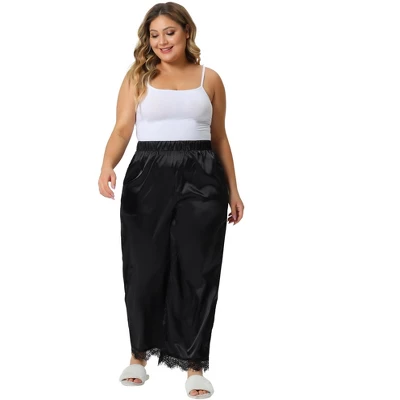 Agnes Orinda Women's Plus Size Satin Lace Trim Elastic Soft Wide Leg Pockets Pajama Pants 2 Agnes Orinda Women's Plus Size Satin Lace Trim Elastic Soft Wide Leg Pockets Pajama Pants - Image 2