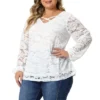 Agnes Orinda Women's Plus Size Lace Sheer Long Sleeve Layer Cross Elastic Cuff V Neck Blouse